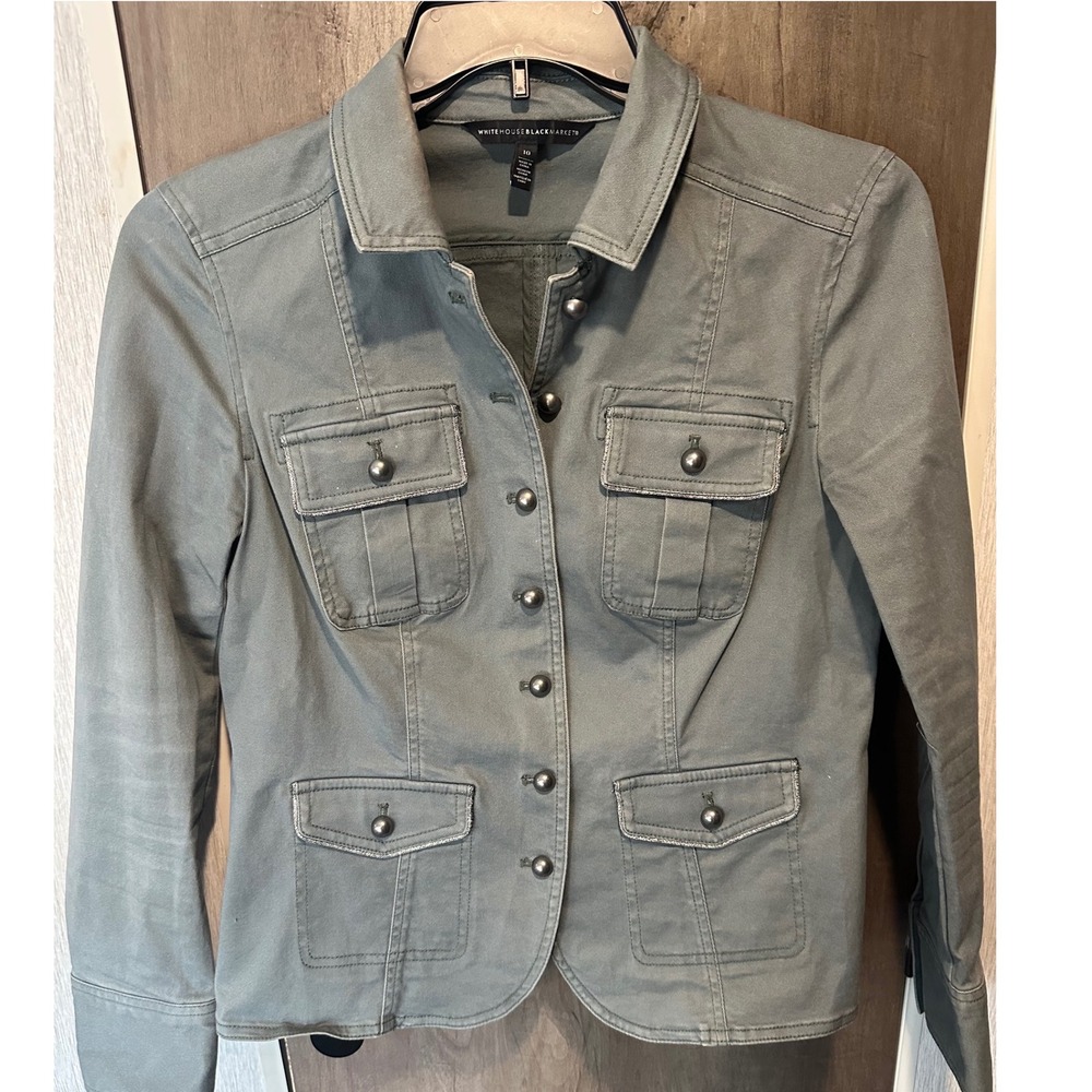 White House Black Market Sage Green Military Utility Jacket Button Front Size 10